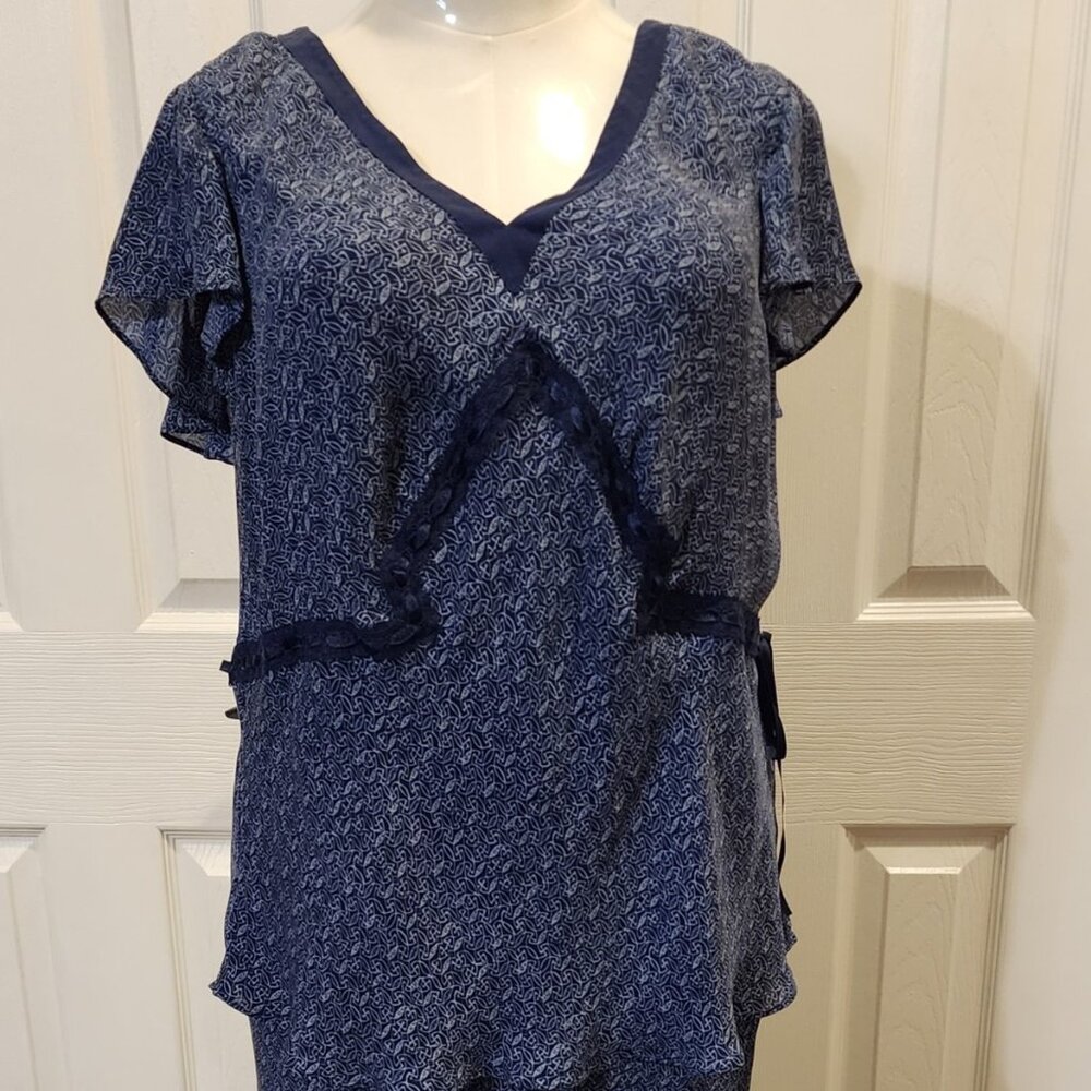 Lane Bryant navy blue silk top with piping detail